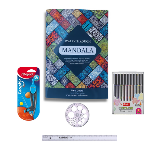 Walk through MANDALA Book with Metal tip multicolor Fineliner & supplies | Step-by-step learning & practice mandala | For Adult & kids |